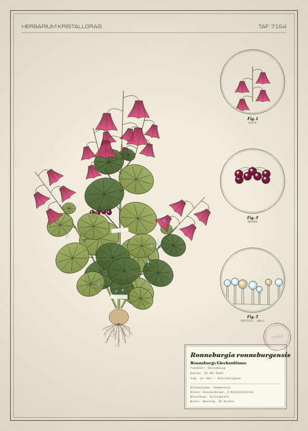 Botanische Tafel: Ronneburgia ronneburgensis, eine erfundene Pflanze aus Ronneburg, gezeichnet wie in einem alten Pflanzenatlas