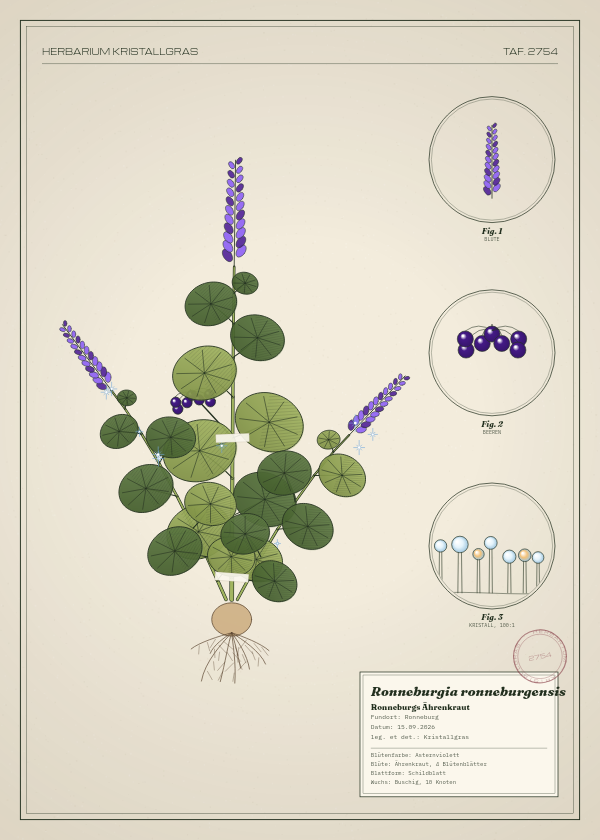 Botanische Tafel: Ronneburgia ronneburgensis, eine erfundene Pflanze aus Ronneburg, gezeichnet wie in einem alten Pflanzenatlas
