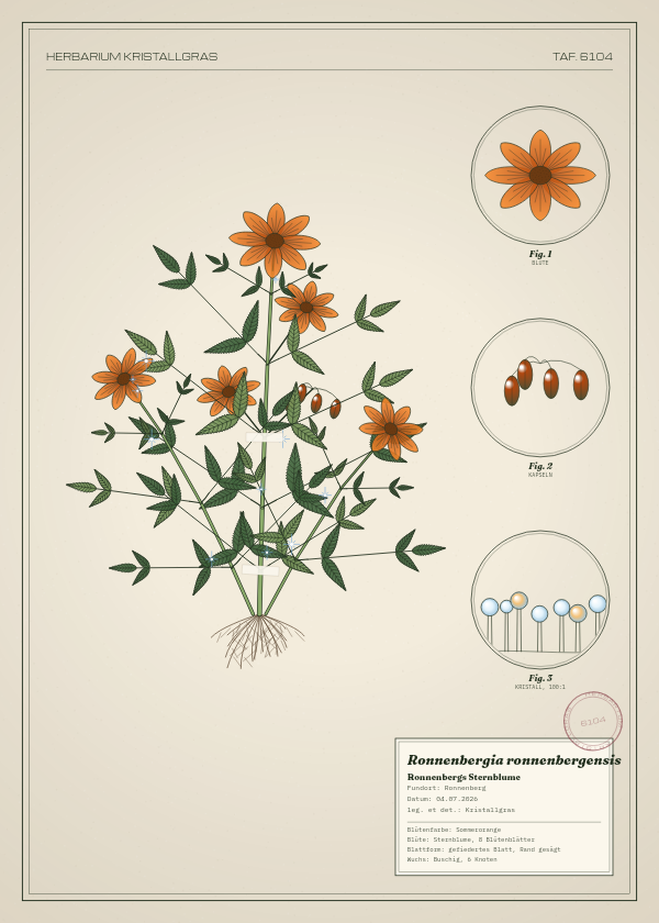 Botanische Tafel: Ronnenbergia ronnenbergensis, eine erfundene Pflanze aus Ronnenberg, gezeichnet wie in einem alten Pflanzenatlas