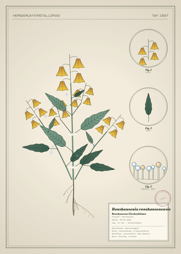 Botanische Tafel: Ronshausenia ronshausenensis, eine erfundene Pflanze aus Ronshausen, gezeichnet wie in einem alten Pflanzenatlas