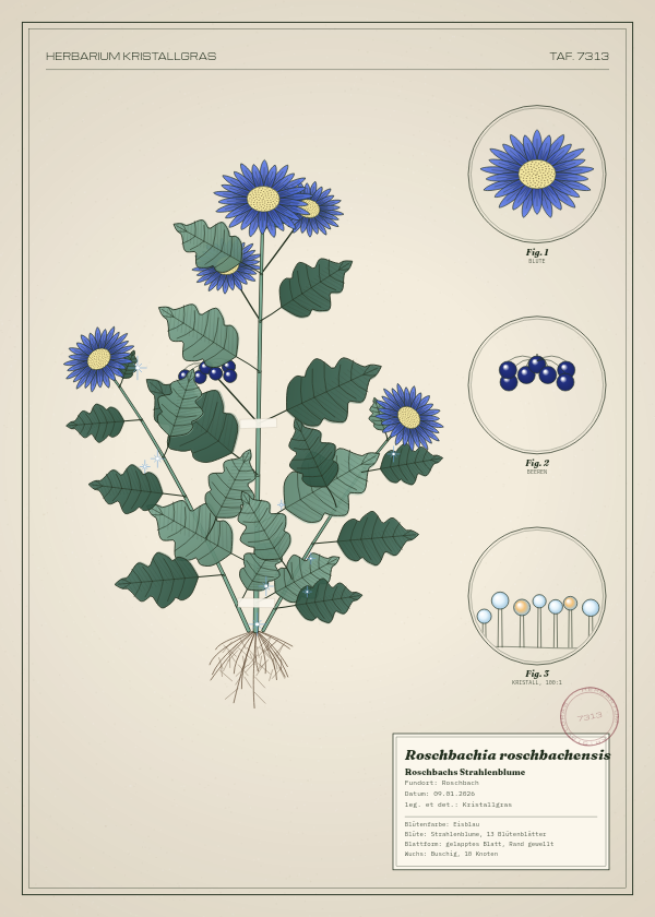 Botanische Tafel: Roschbachia roschbachensis, eine erfundene Pflanze aus Roschbach, gezeichnet wie in einem alten Pflanzenatlas