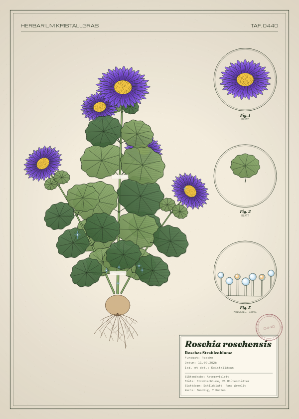 Botanische Tafel: Roschia roschensis, eine erfundene Pflanze aus Rosche, gezeichnet wie in einem alten Pflanzenatlas