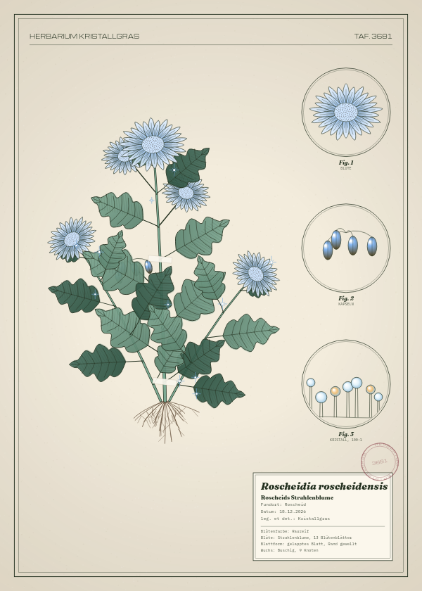 Botanische Tafel: Roscheidia roscheidensis, eine erfundene Pflanze aus Roscheid, gezeichnet wie in einem alten Pflanzenatlas