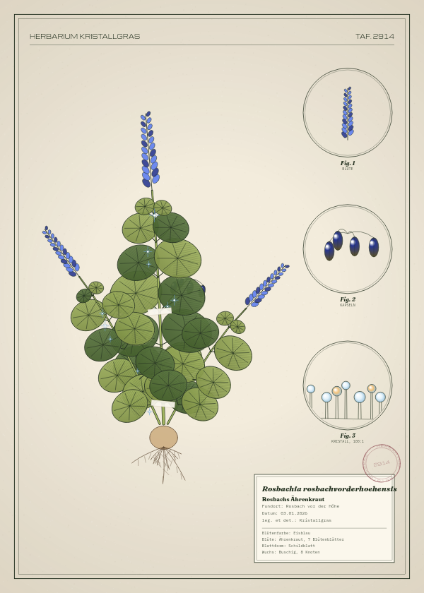 Botanische Tafel: Rosbachia rosbachvorderhoehensis, eine erfundene Pflanze aus Rosbach vor der Höhe, gezeichnet wie in einem alten Pflanzenatlas