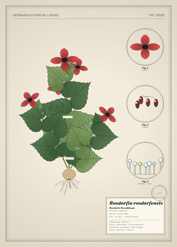 Botanische Tafel: Rosdorfia rosdorfensis, eine erfundene Pflanze aus Rosdorf, gezeichnet wie in einem alten Pflanzenatlas