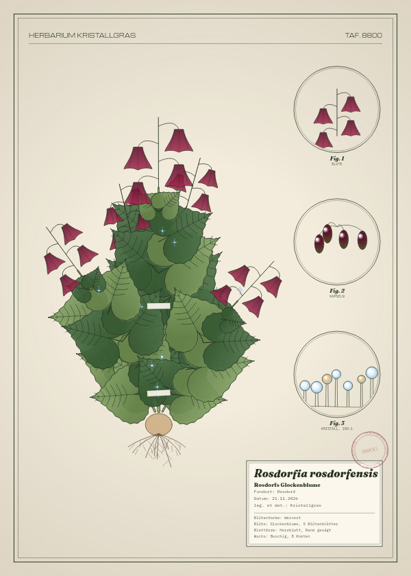 Botanische Tafel: Rosdorfia rosdorfensis, eine erfundene Pflanze aus Rosdorf, gezeichnet wie in einem alten Pflanzenatlas