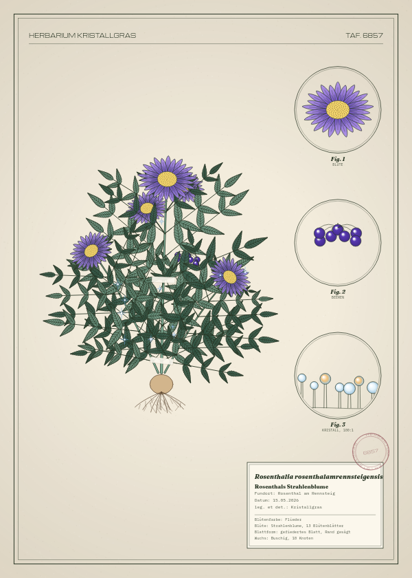 Botanische Tafel: Rosenthalia rosenthalamrennsteigensis, eine erfundene Pflanze aus Rosenthal am Rennsteig, gezeichnet wie in einem alten Pflanzenatlas
