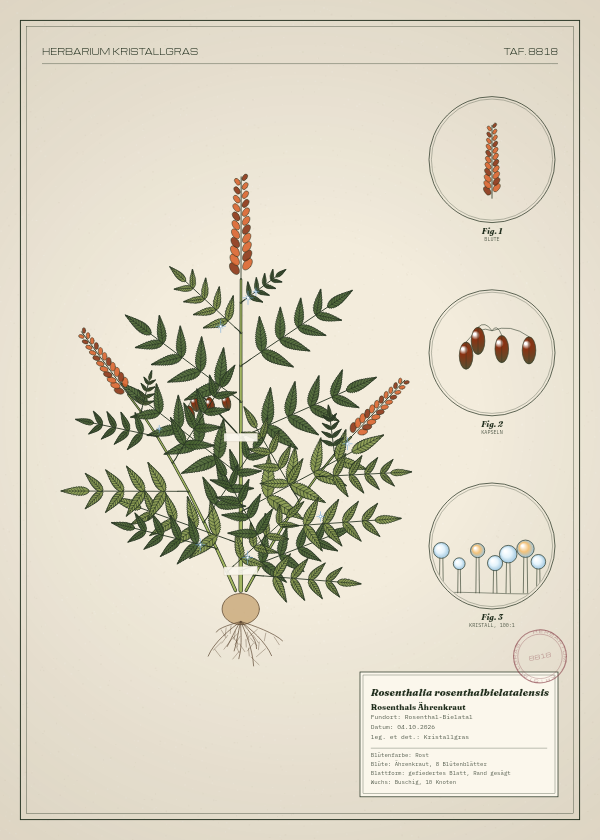 Botanische Tafel: Rosenthalia rosenthalbielatalensis, eine erfundene Pflanze aus Rosenthal-Bielatal, gezeichnet wie in einem alten Pflanzenatlas