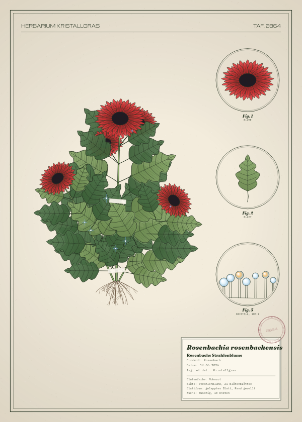 Botanische Tafel: Rosenbachia rosenbachensis, eine erfundene Pflanze aus Rosenbach, gezeichnet wie in einem alten Pflanzenatlas