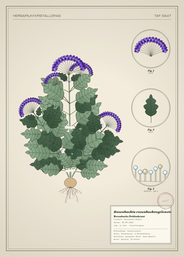 Botanische Tafel: Rosenbachia rosenbachvogtlensis, eine erfundene Pflanze aus Rosenbach/Vogtl., gezeichnet wie in einem alten Pflanzenatlas
