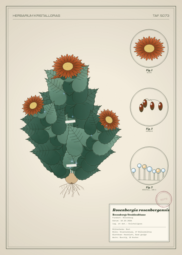 Botanische Tafel: Rosenbergia rosenbergensis, eine erfundene Pflanze aus Rosenberg, gezeichnet wie in einem alten Pflanzenatlas