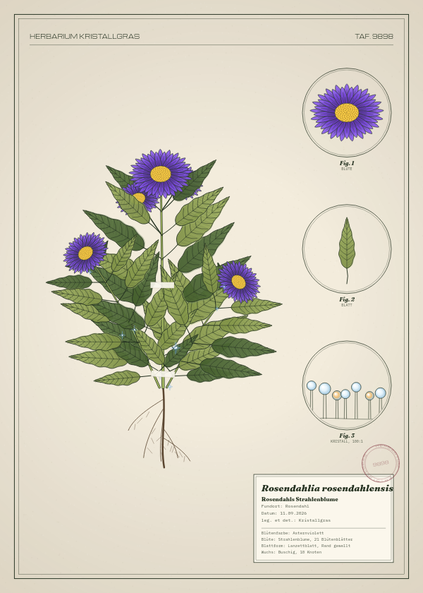 Botanische Tafel: Rosendahlia rosendahlensis, eine erfundene Pflanze aus Rosendahl, gezeichnet wie in einem alten Pflanzenatlas