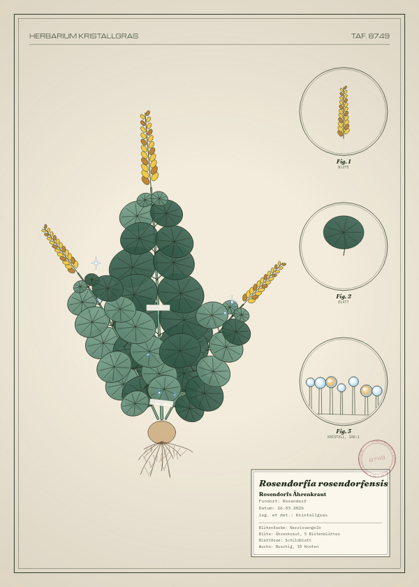 Botanische Tafel: Rosendorfia rosendorfensis, eine erfundene Pflanze aus Rosendorf, gezeichnet wie in einem alten Pflanzenatlas