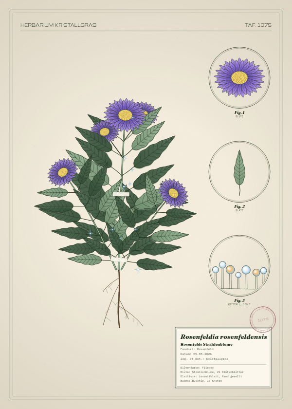 Botanische Tafel: Rosenfeldia rosenfeldensis, eine erfundene Pflanze aus Rosenfeld, gezeichnet wie in einem alten Pflanzenatlas