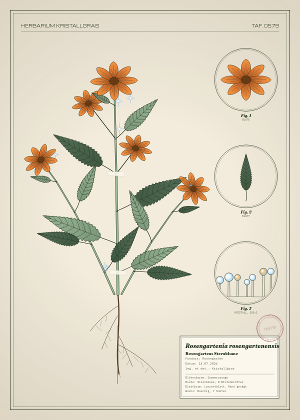 Botanische Tafel: Rosengartenia rosengartenensis, eine erfundene Pflanze aus Rosengarten, gezeichnet wie in einem alten Pflanzenatlas