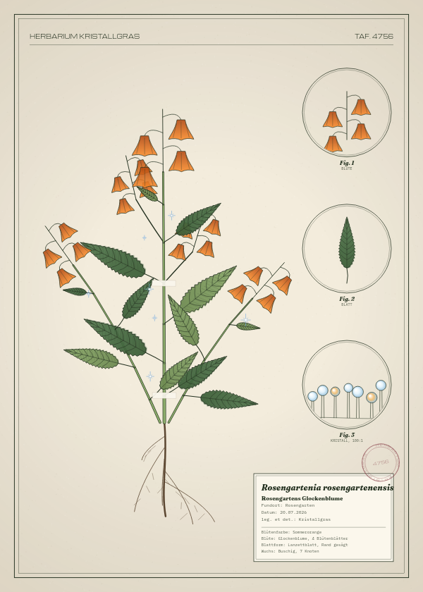 Botanische Tafel: Rosengartenia rosengartenensis, eine erfundene Pflanze aus Rosengarten, gezeichnet wie in einem alten Pflanzenatlas