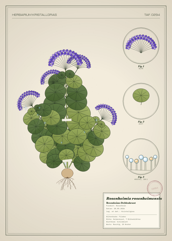 Botanische Tafel: Rosenheimia rosenheimensis, eine erfundene Pflanze aus Rosenheim, gezeichnet wie in einem alten Pflanzenatlas