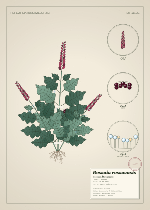 Botanische Tafel: Rossaia rossaensis, eine erfundene Pflanze aus Rossau, gezeichnet wie in einem alten Pflanzenatlas