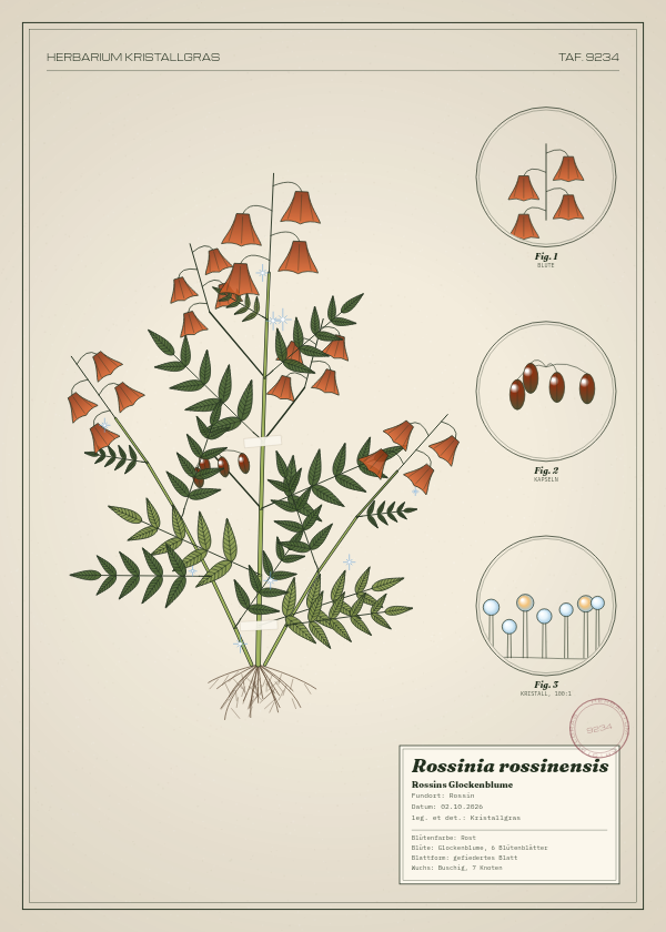 Botanische Tafel: Rossinia rossinensis, eine erfundene Pflanze aus Rossin, gezeichnet wie in einem alten Pflanzenatlas