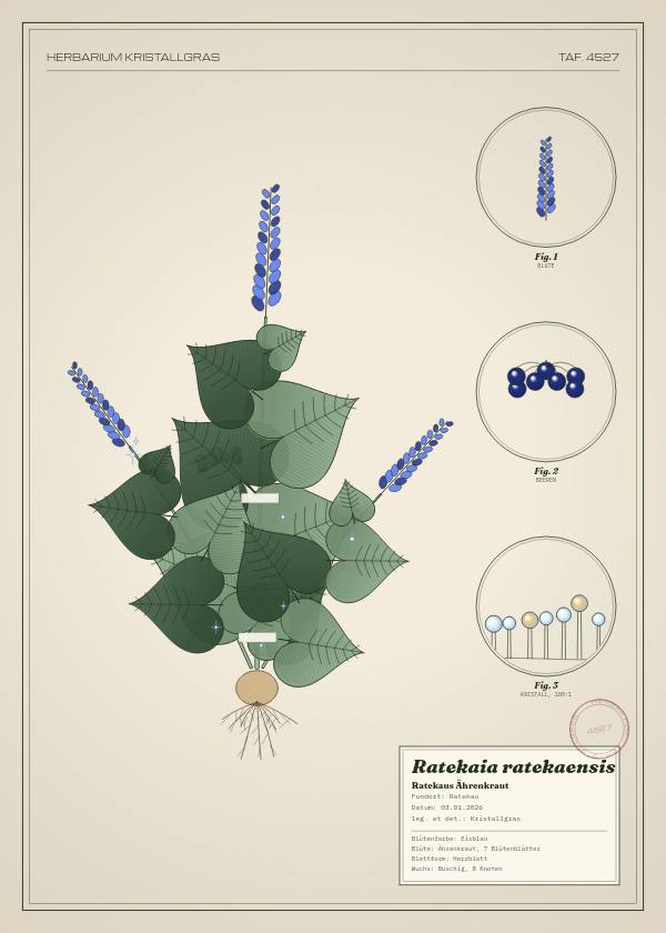 Botanische Tafel: Ratekaia ratekaensis, eine erfundene Pflanze aus Ratekau, gezeichnet wie in einem alten Pflanzenatlas