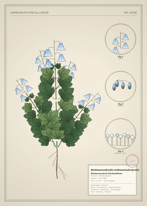 Botanische Tafel: Rathmannsdorfia rathmannsdorfensis, eine erfundene Pflanze aus Rathmannsdorf, gezeichnet wie in einem alten Pflanzenatlas