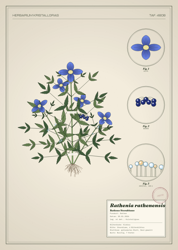 Botanische Tafel: Rathenia rathenensis, eine erfundene Pflanze aus Rathen, gezeichnet wie in einem alten Pflanzenatlas