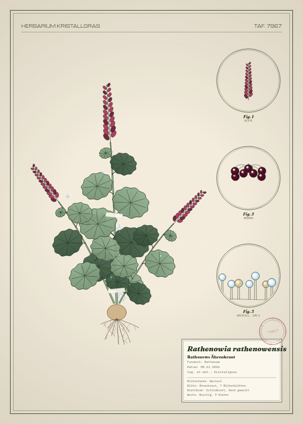 Botanische Tafel: Rathenowia rathenowensis, eine erfundene Pflanze aus Rathenow, gezeichnet wie in einem alten Pflanzenatlas