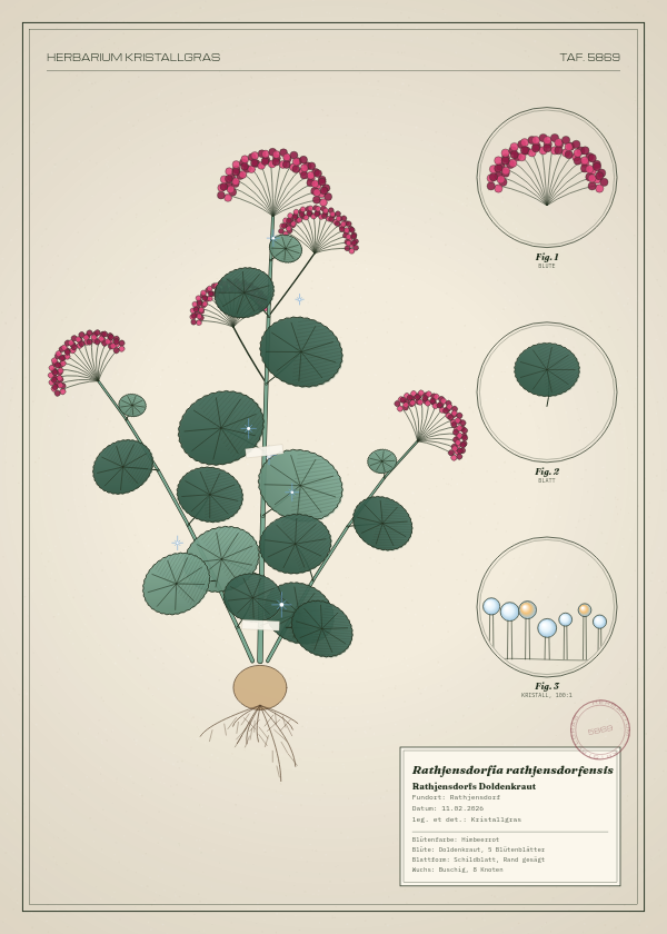 Botanische Tafel: Rathjensdorfia rathjensdorfensis, eine erfundene Pflanze aus Rathjensdorf, gezeichnet wie in einem alten Pflanzenatlas