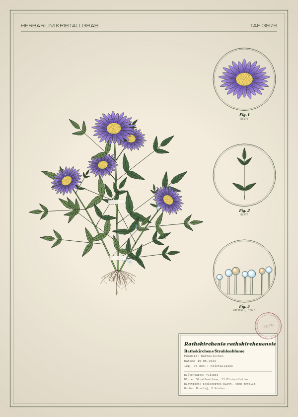 Botanische Tafel: Rathskirchenia rathskirchenensis, eine erfundene Pflanze aus Rathskirchen, gezeichnet wie in einem alten Pflanzenatlas