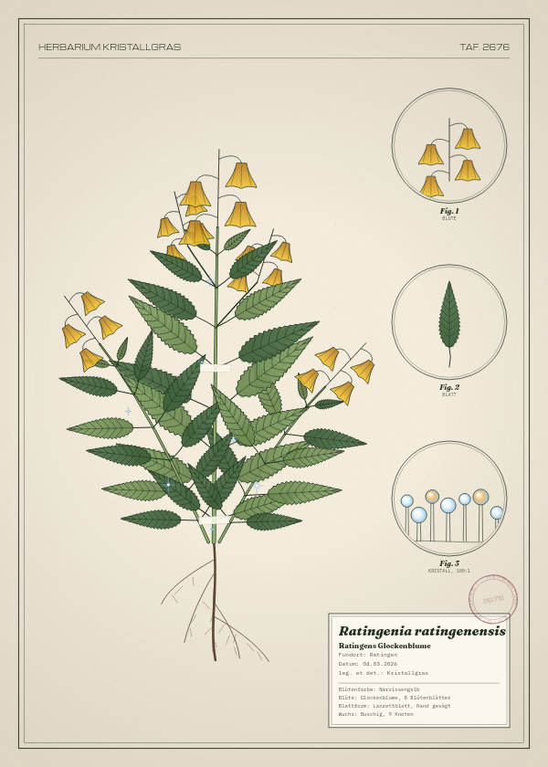 Botanische Tafel: Ratingenia ratingenensis, eine erfundene Pflanze aus Ratingen, gezeichnet wie in einem alten Pflanzenatlas