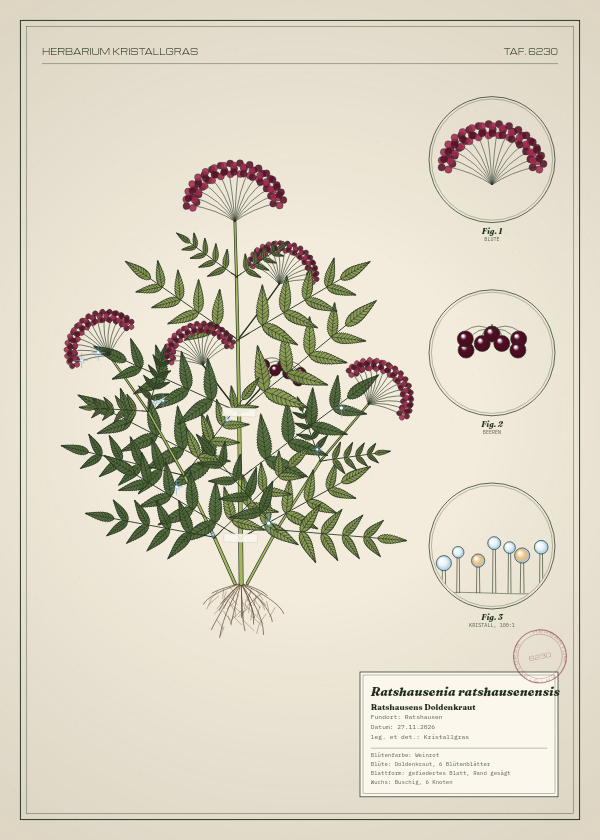 Botanische Tafel: Ratshausenia ratshausenensis, eine erfundene Pflanze aus Ratshausen, gezeichnet wie in einem alten Pflanzenatlas