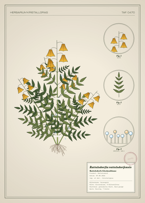 Botanische Tafel: Rattelsdorfia rattelsdorfensis, eine erfundene Pflanze aus Rattelsdorf, gezeichnet wie in einem alten Pflanzenatlas