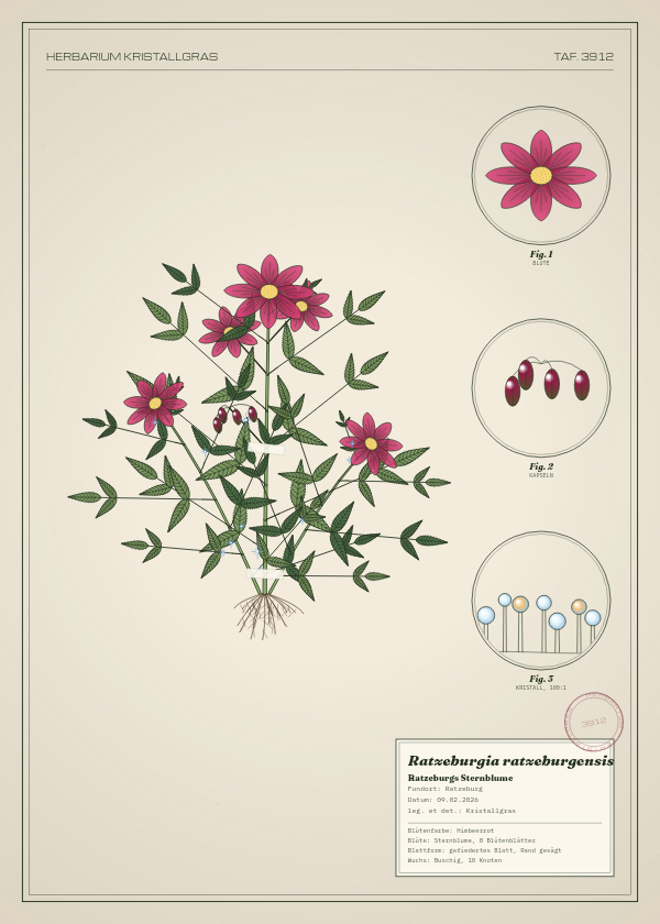 Botanische Tafel: Ratzeburgia ratzeburgensis, eine erfundene Pflanze aus Ratzeburg, gezeichnet wie in einem alten Pflanzenatlas