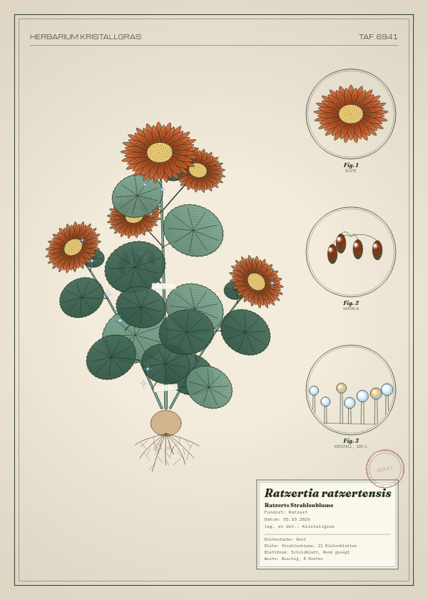 Botanische Tafel: Ratzertia ratzertensis, eine erfundene Pflanze aus Ratzert, gezeichnet wie in einem alten Pflanzenatlas