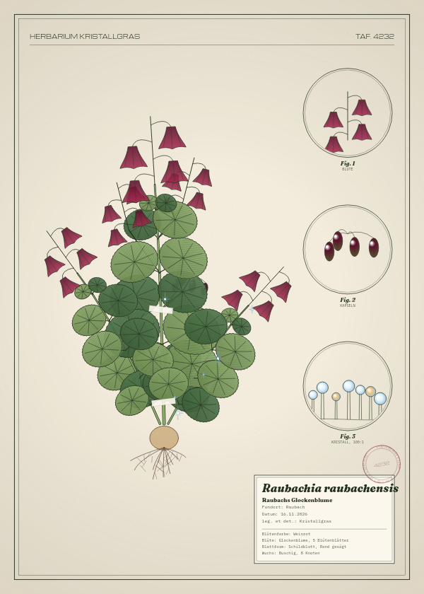 Botanische Tafel: Raubachia raubachensis, eine erfundene Pflanze aus Raubach, gezeichnet wie in einem alten Pflanzenatlas