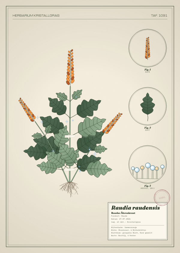 Botanische Tafel: Raudia raudensis, eine erfundene Pflanze aus Rauda, gezeichnet wie in einem alten Pflanzenatlas