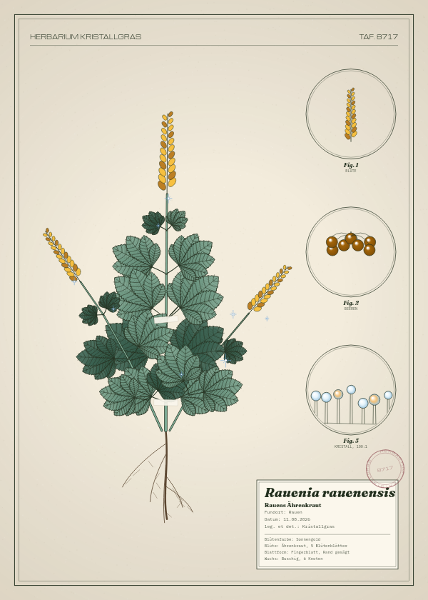 Botanische Tafel: Rauenia rauenensis, eine erfundene Pflanze aus Rauen, gezeichnet wie in einem alten Pflanzenatlas