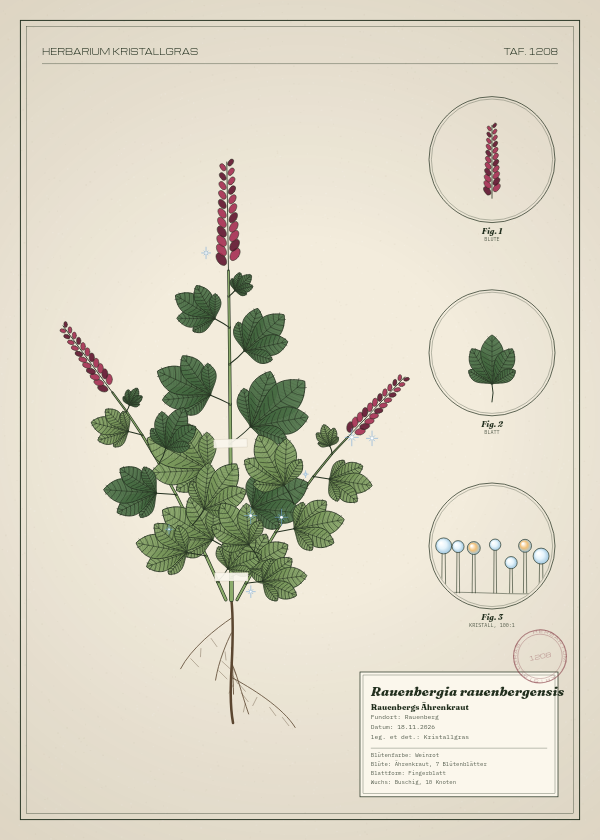Botanische Tafel: Rauenbergia rauenbergensis, eine erfundene Pflanze aus Rauenberg, gezeichnet wie in einem alten Pflanzenatlas