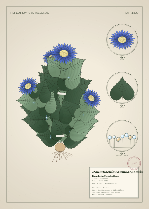 Botanische Tafel: Raumbachia raumbachensis, eine erfundene Pflanze aus Raumbach, gezeichnet wie in einem alten Pflanzenatlas