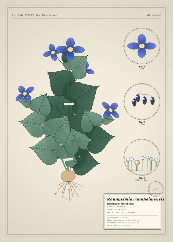 Botanische Tafel: Raunheimia raunheimensis, eine erfundene Pflanze aus Raunheim, gezeichnet wie in einem alten Pflanzenatlas