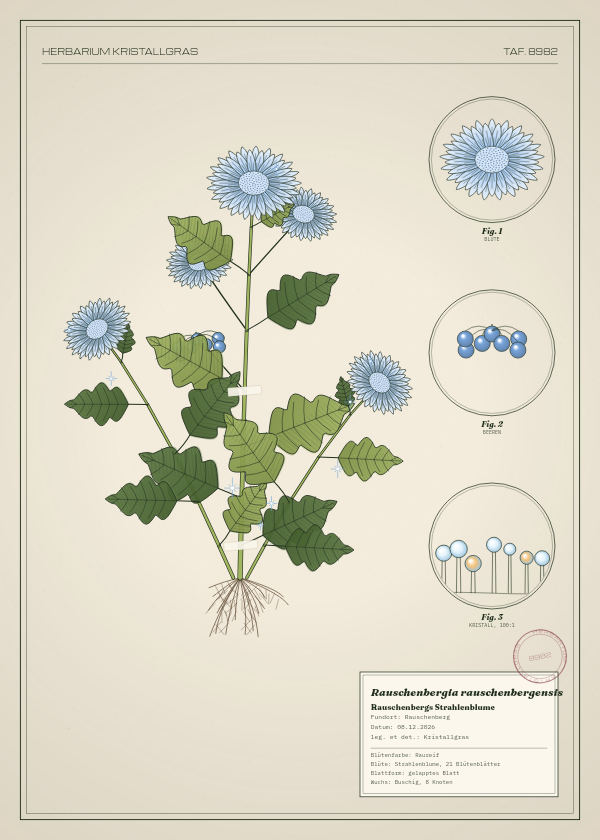 Botanische Tafel: Rauschenbergia rauschenbergensis, eine erfundene Pflanze aus Rauschenberg, gezeichnet wie in einem alten Pflanzenatlas