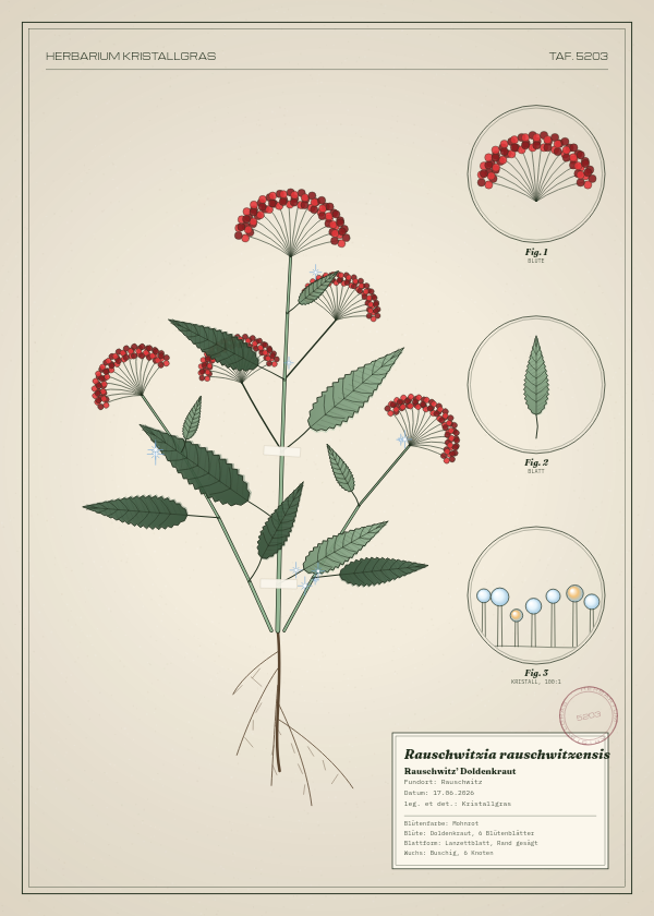 Botanische Tafel: Rauschwitzia rauschwitzensis, eine erfundene Pflanze aus Rauschwitz, gezeichnet wie in einem alten Pflanzenatlas