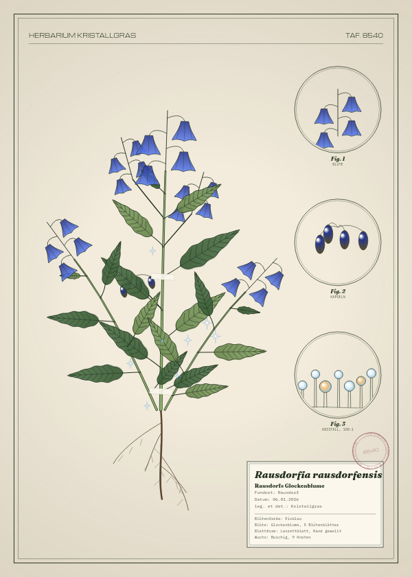 Botanische Tafel: Rausdorfia rausdorfensis, eine erfundene Pflanze aus Rausdorf, gezeichnet wie in einem alten Pflanzenatlas
