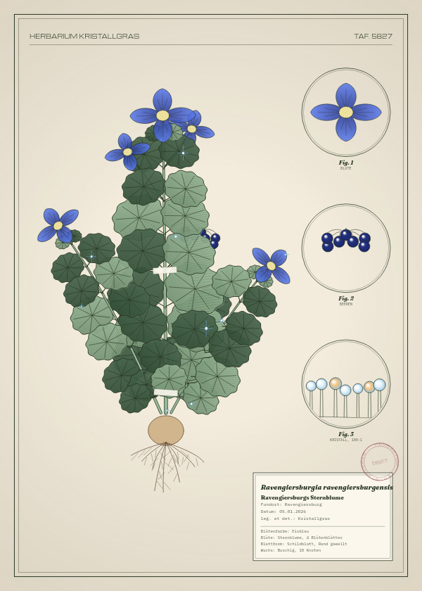 Botanische Tafel: Ravengiersburgia ravengiersburgensis, eine erfundene Pflanze aus Ravengiersburg, gezeichnet wie in einem alten Pflanzenatlas