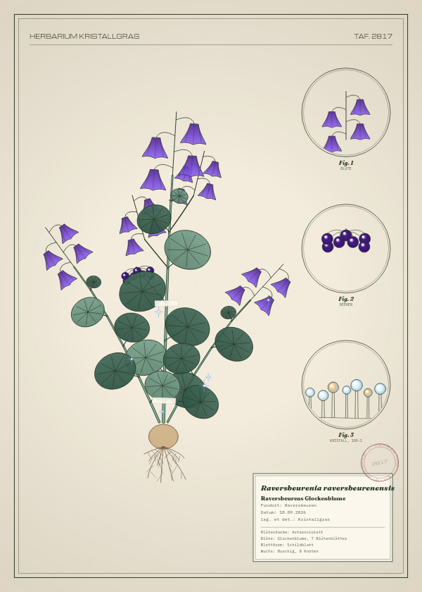 Botanische Tafel: Raversbeurenia raversbeurenensis, eine erfundene Pflanze aus Raversbeuren, gezeichnet wie in einem alten Pflanzenatlas