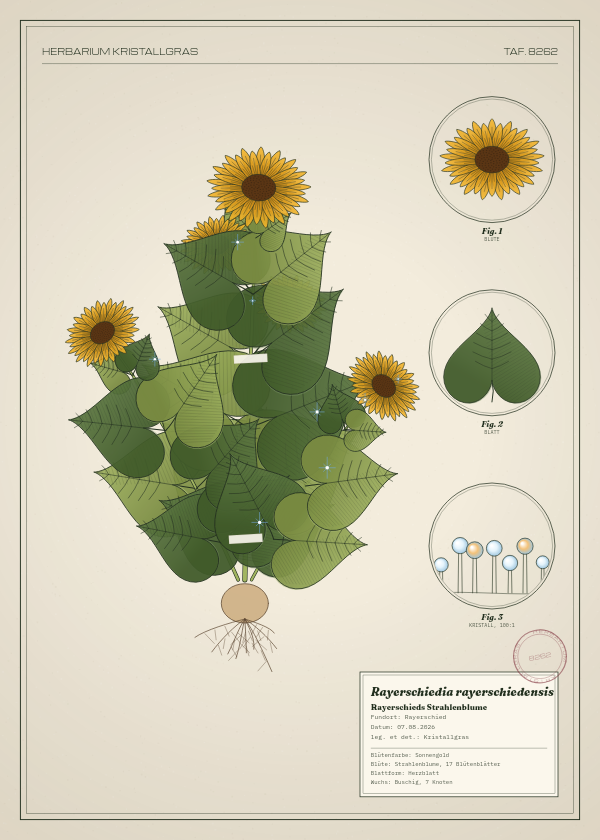 Botanische Tafel: Rayerschiedia rayerschiedensis, eine erfundene Pflanze aus Rayerschied, gezeichnet wie in einem alten Pflanzenatlas
