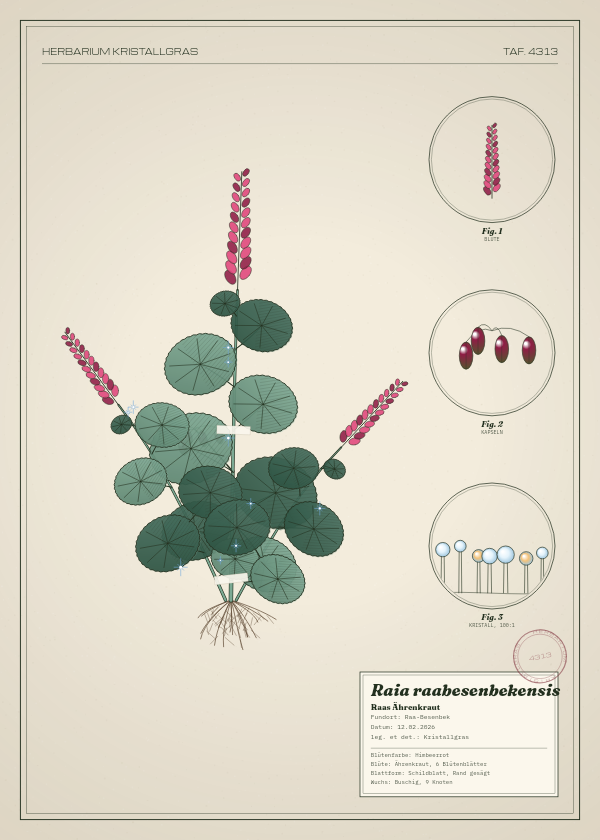 Botanische Tafel: Raia raabesenbekensis, eine erfundene Pflanze aus Raa-Besenbek, gezeichnet wie in einem alten Pflanzenatlas
