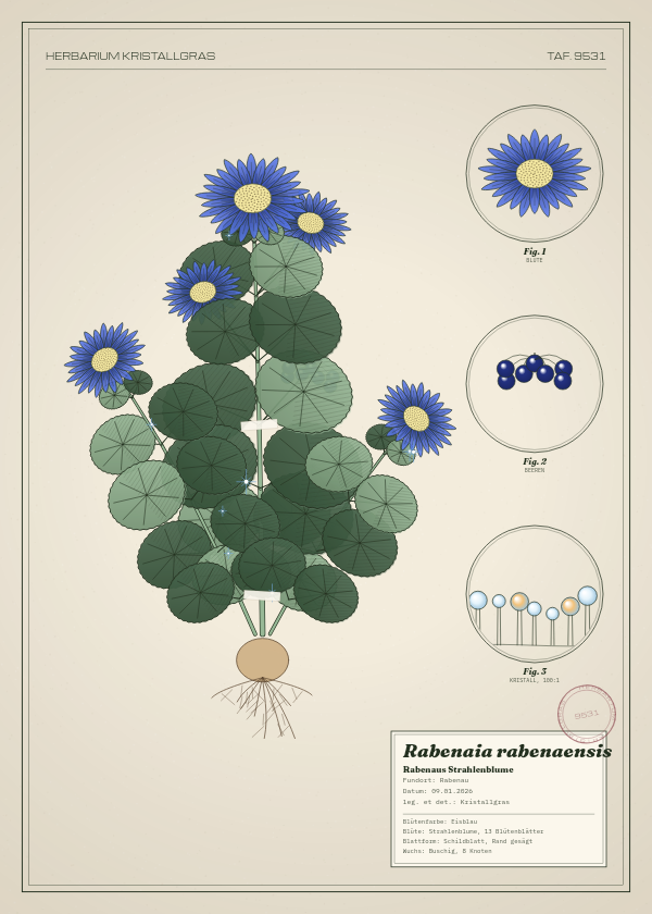 Botanische Tafel: Rabenaia rabenaensis, eine erfundene Pflanze aus Rabenau, gezeichnet wie in einem alten Pflanzenatlas