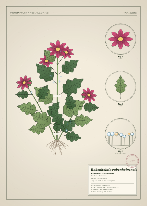 Botanische Tafel: Rabenholzia rabenholzensis, eine erfundene Pflanze aus Rabenholz, gezeichnet wie in einem alten Pflanzenatlas