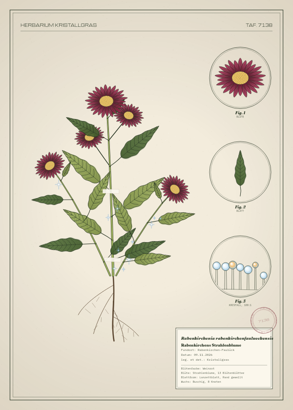 Botanische Tafel: Rabenkirchenia rabenkirchenfaulueckensis, eine erfundene Pflanze aus Rabenkirchen-Faulück, gezeichnet wie in einem alten Pflanzenatlas